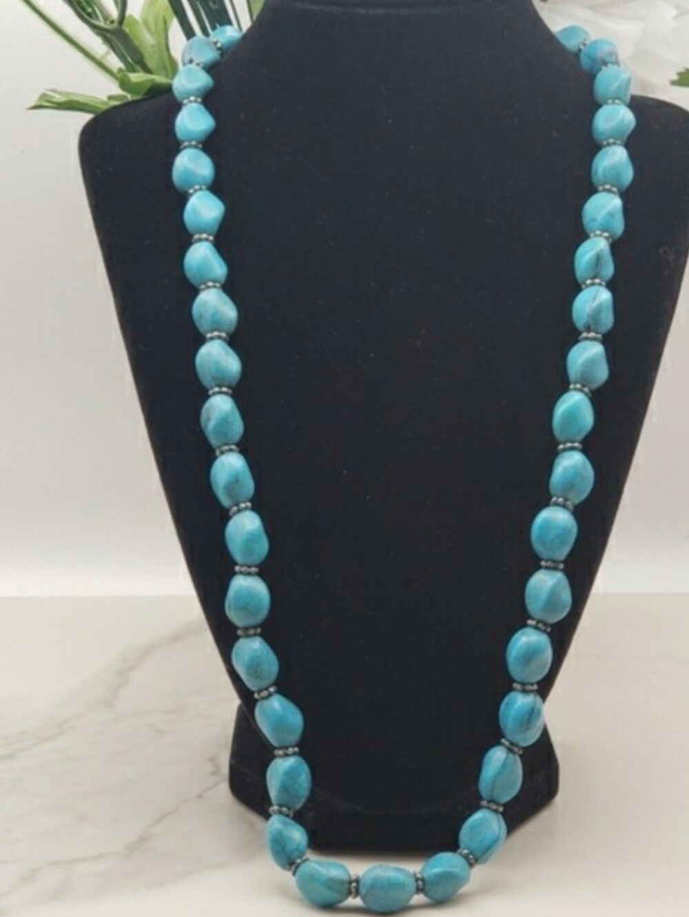 Turquoise Big Beaded Long Necklace 9.5" With Silver Disc Bead Accents Necklace